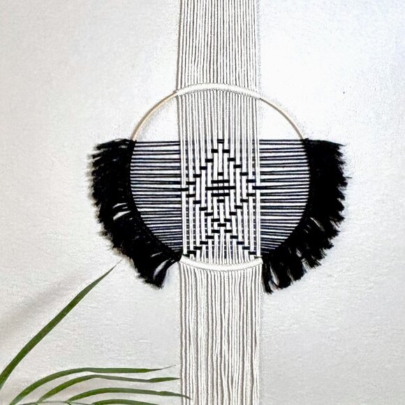 Woven Macrame Black Beige Boho Contemporary Diamond Geometric Wall Hanging New - Picture 1 of 6